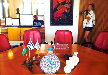 Martine on location filming the boardroom of the 1994 Israel & Jordan peace treaty between King Hussein and Prime Minister Rabin.